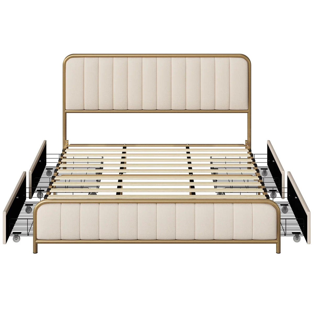 Queen Size Beige Upholstered Platform Bed with 4 Storage Drawers W214