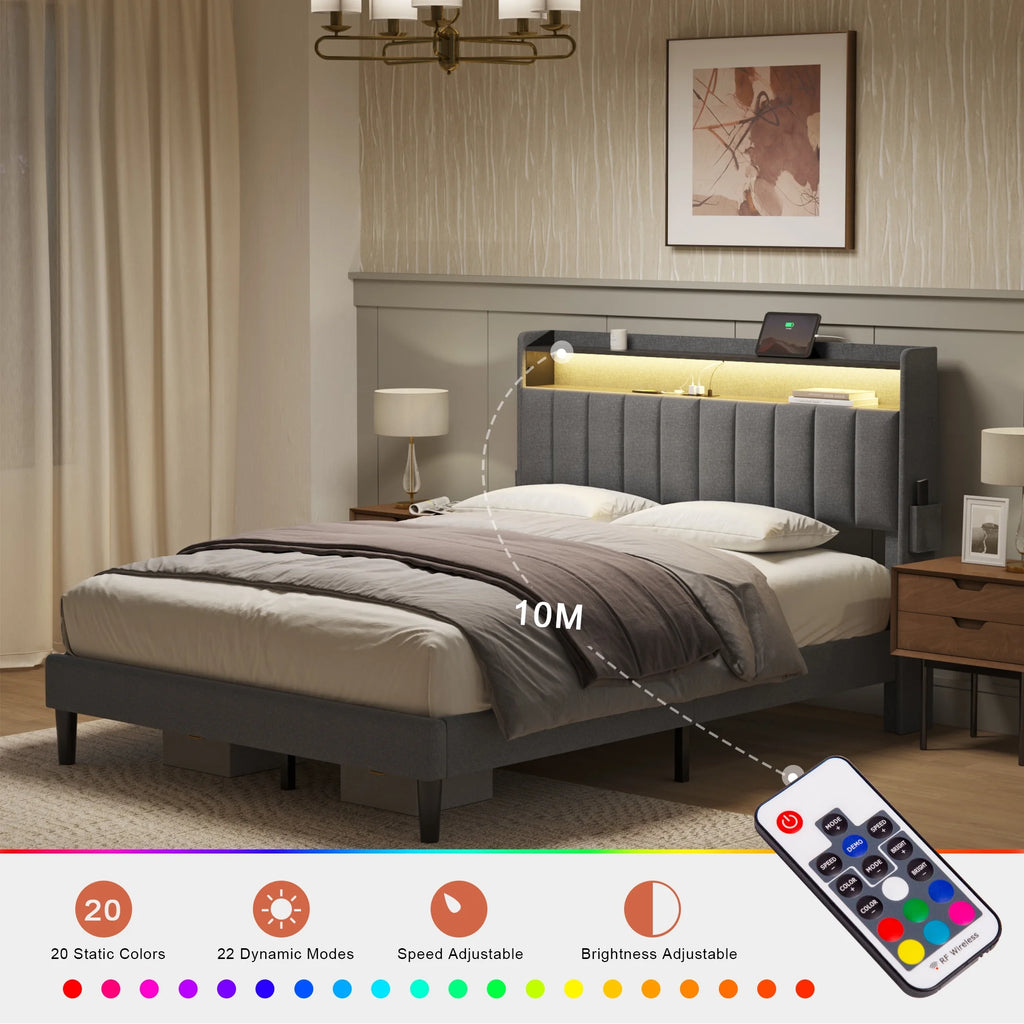 Queen Upholstered Platform Bed Frame with Storage Headboard Y9048