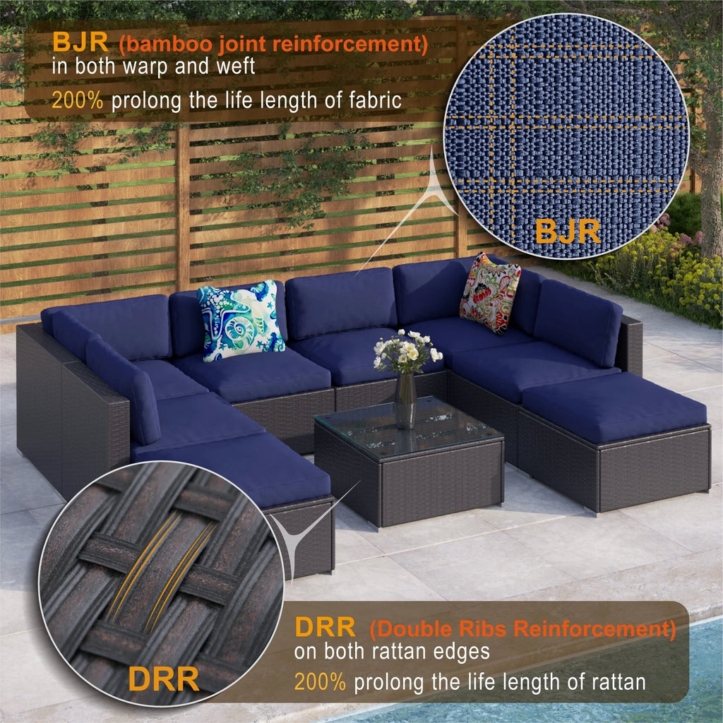 9-Piece Rattan Wicker Cushioned Patio Sectional Sofa Set J362159