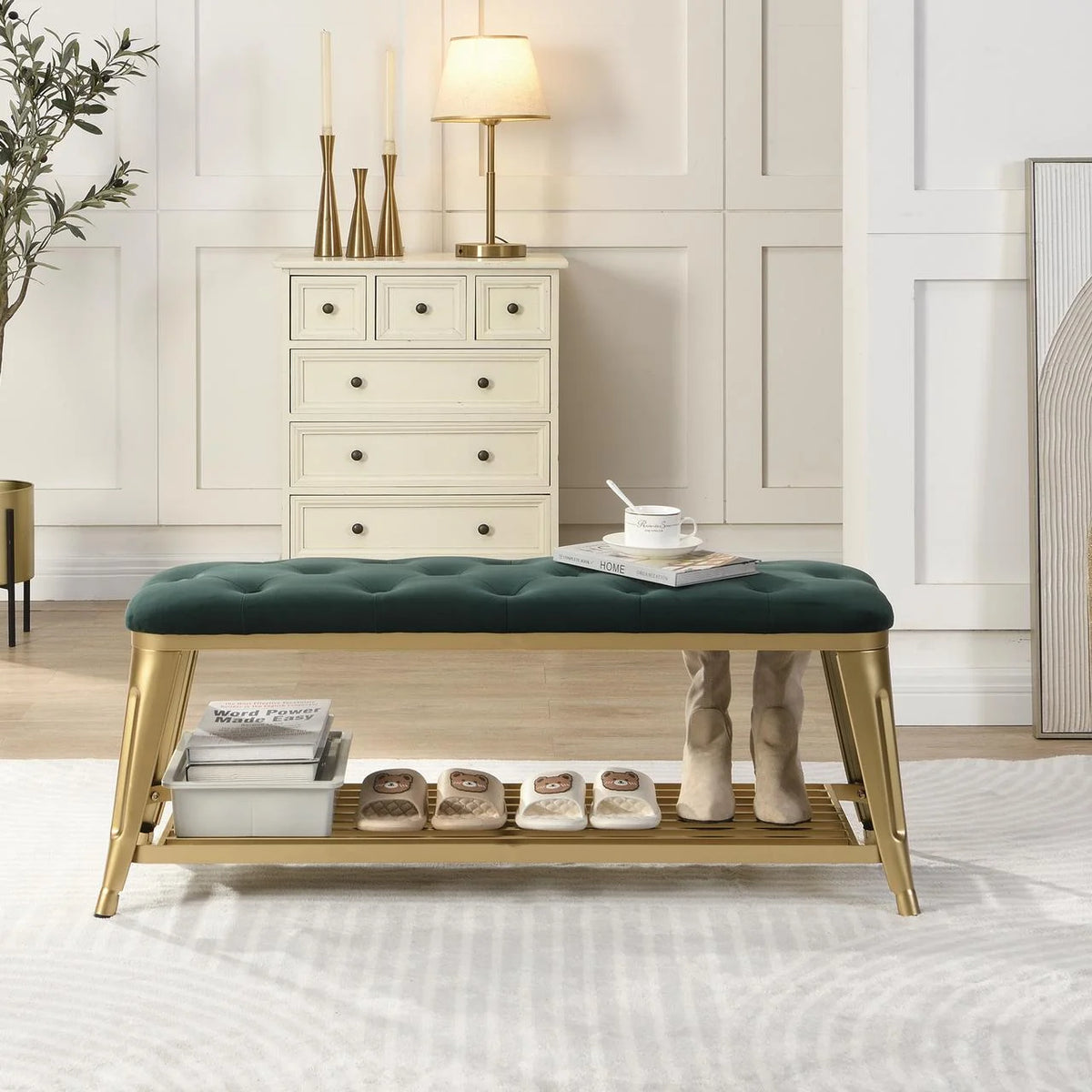 Shoe Storage Bench with Velvet Seat and Gold Legs P12579