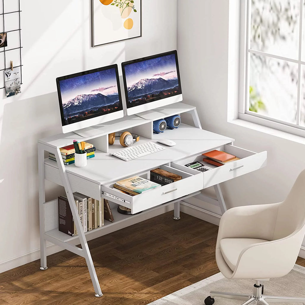 White Computer Desk with 2 Drawers and Storage Shelf J907