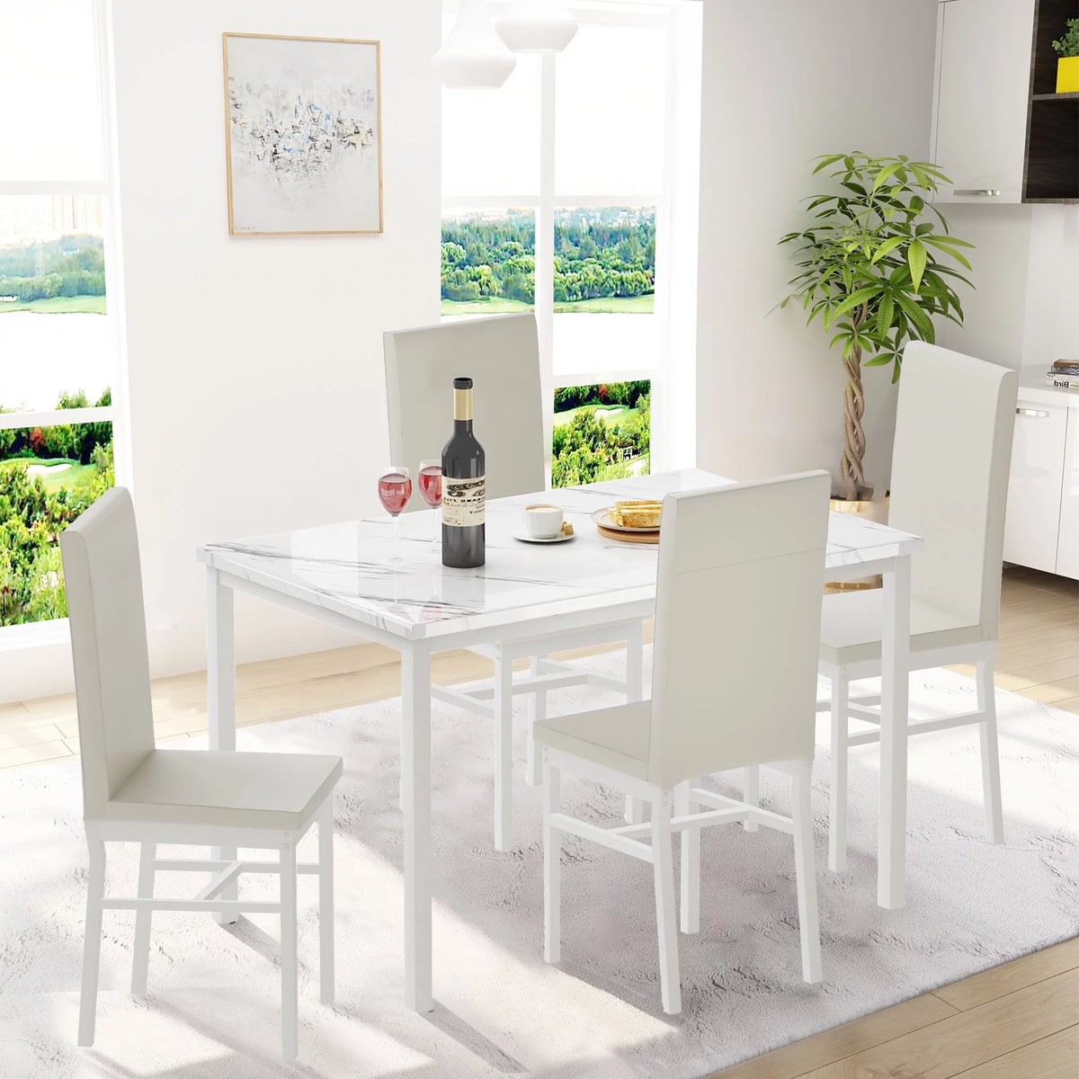 5 Piece Faux Marble Dining Set with 4 PU Leather Chairs M3553