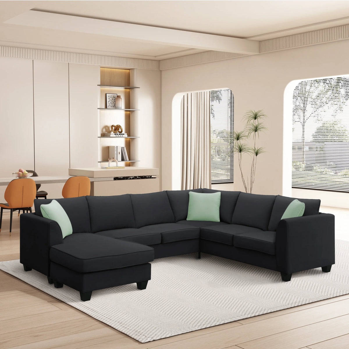 Black 7 Seats L Shape Fabric Sectional Sofa with Storage Ottoman D6049
