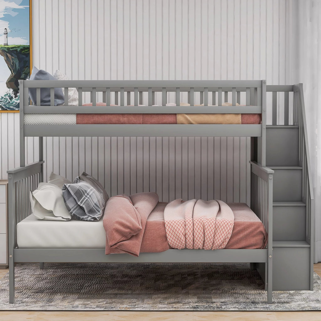 Gray Wood Twin over Full Bunk Bed with Stairs and Storage Shelf P126