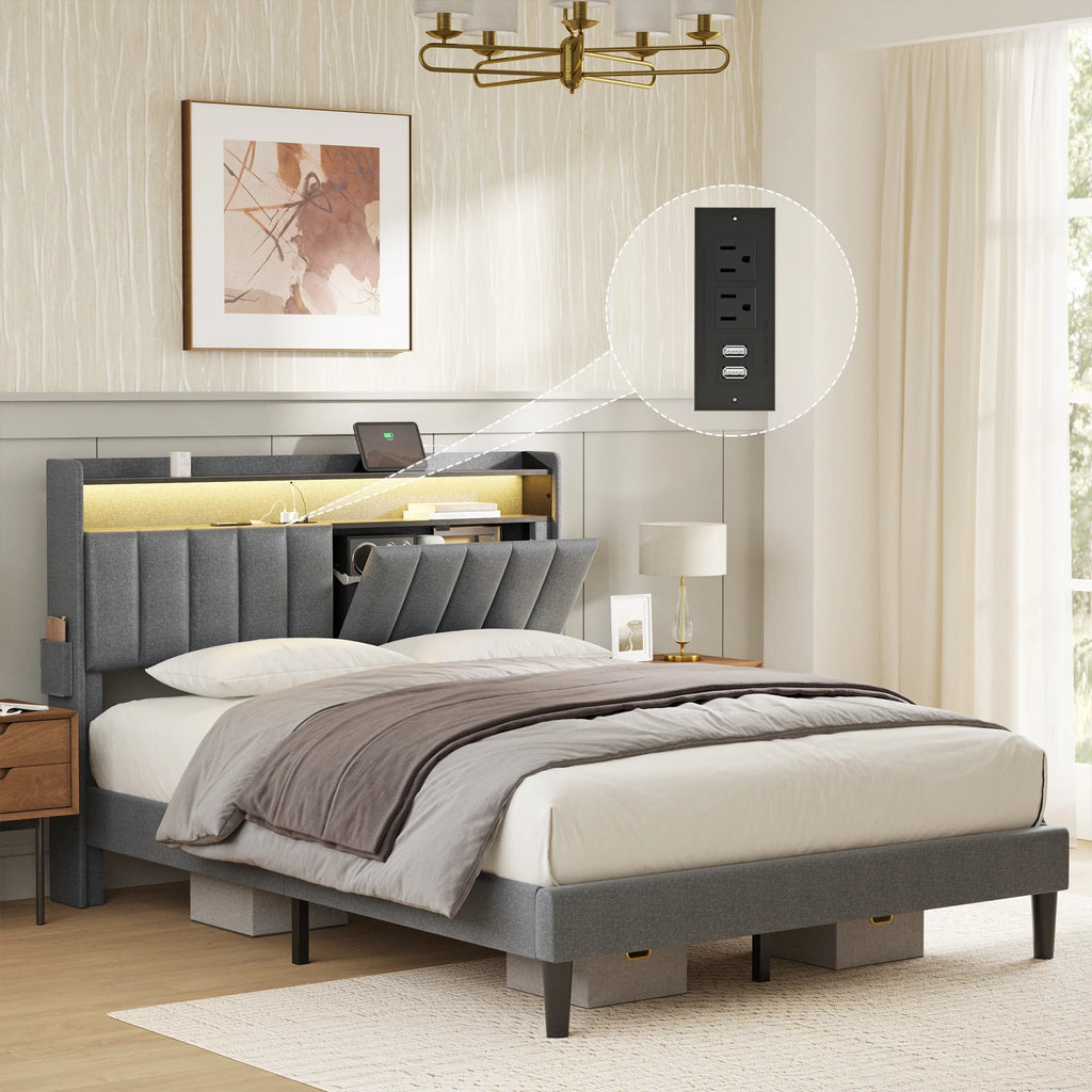 Queen Upholstered Platform Bed Frame with Storage Headboard Y9048