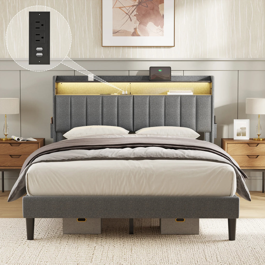 Queen Upholstered Platform Bed Frame with Storage Headboard Y9048