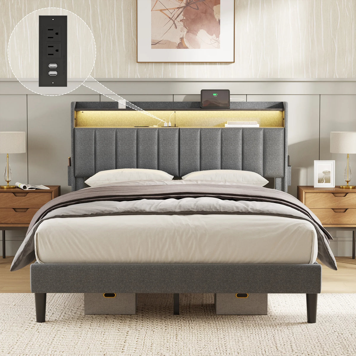 Queen Upholstered Platform Bed Frame with Storage Headboard Y9048