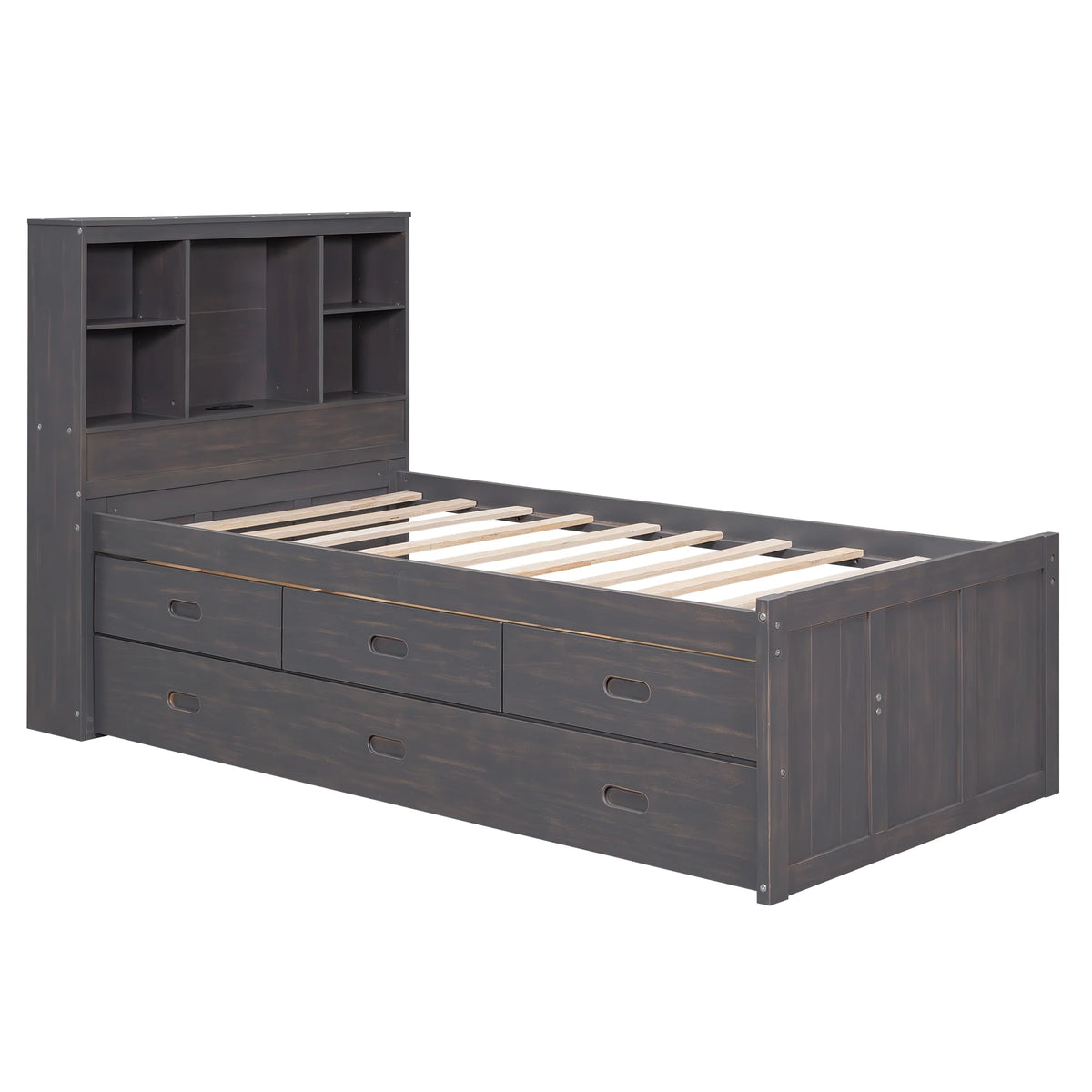 Twin Size Wood Platform Bed with Storage Headboard and Trundle R4869