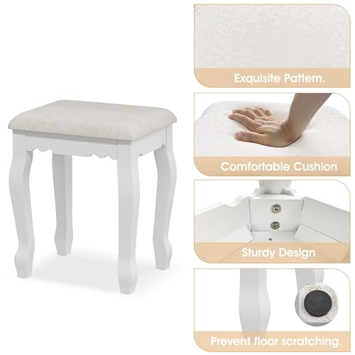 White Vanity Desk with Mirror and Lights, 4 Drawers and Cushioned Stool Set M3058