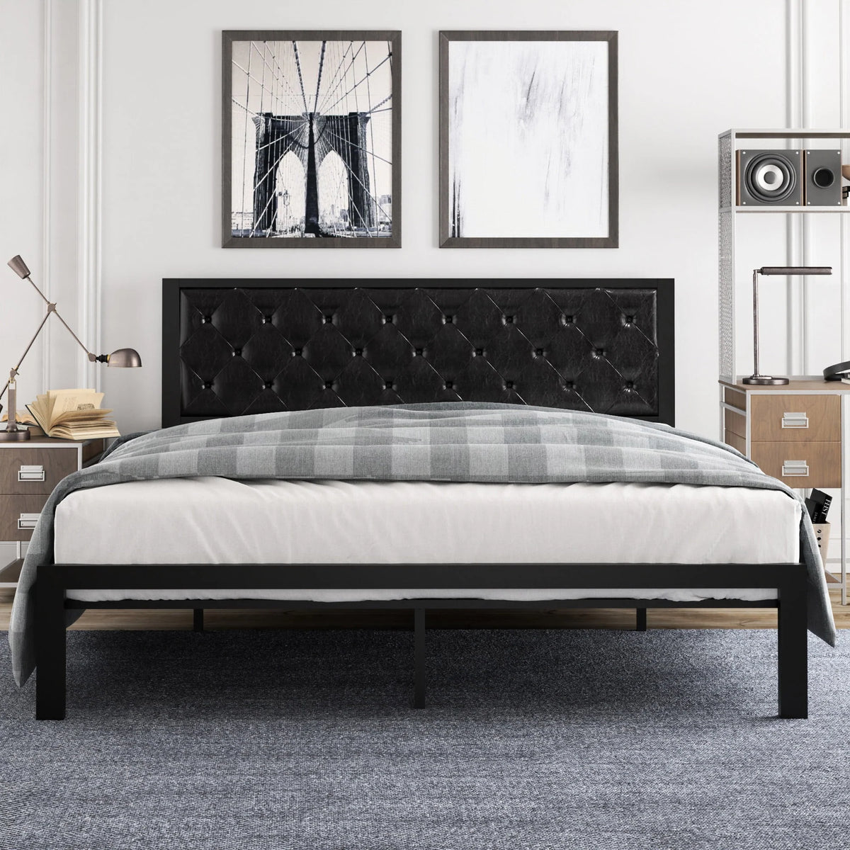Twin Size Metal Bed Frame with Upholstered Headboard D9605