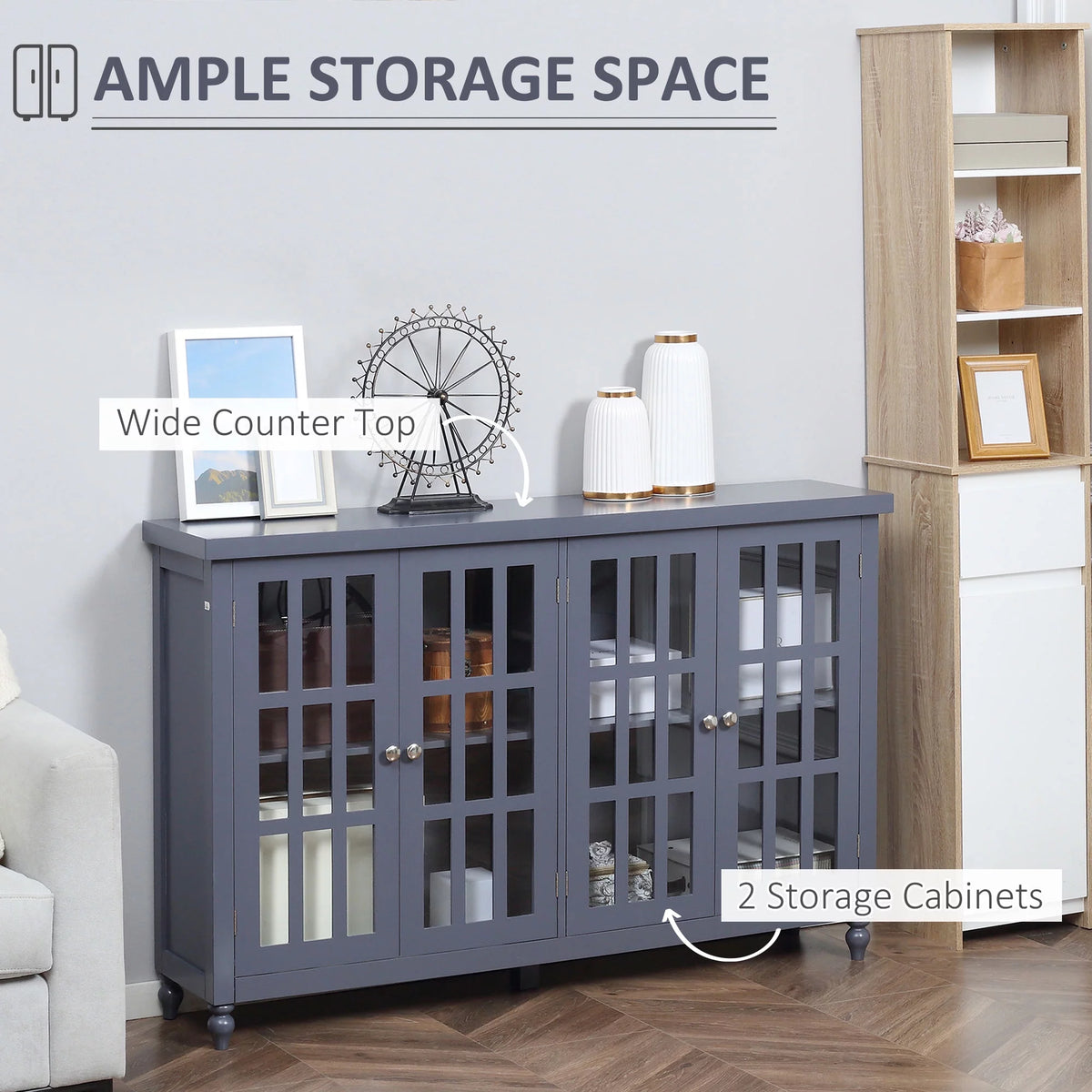 Gray Sideboard Buffet Cabinet with 4 Glass Doors Z3662