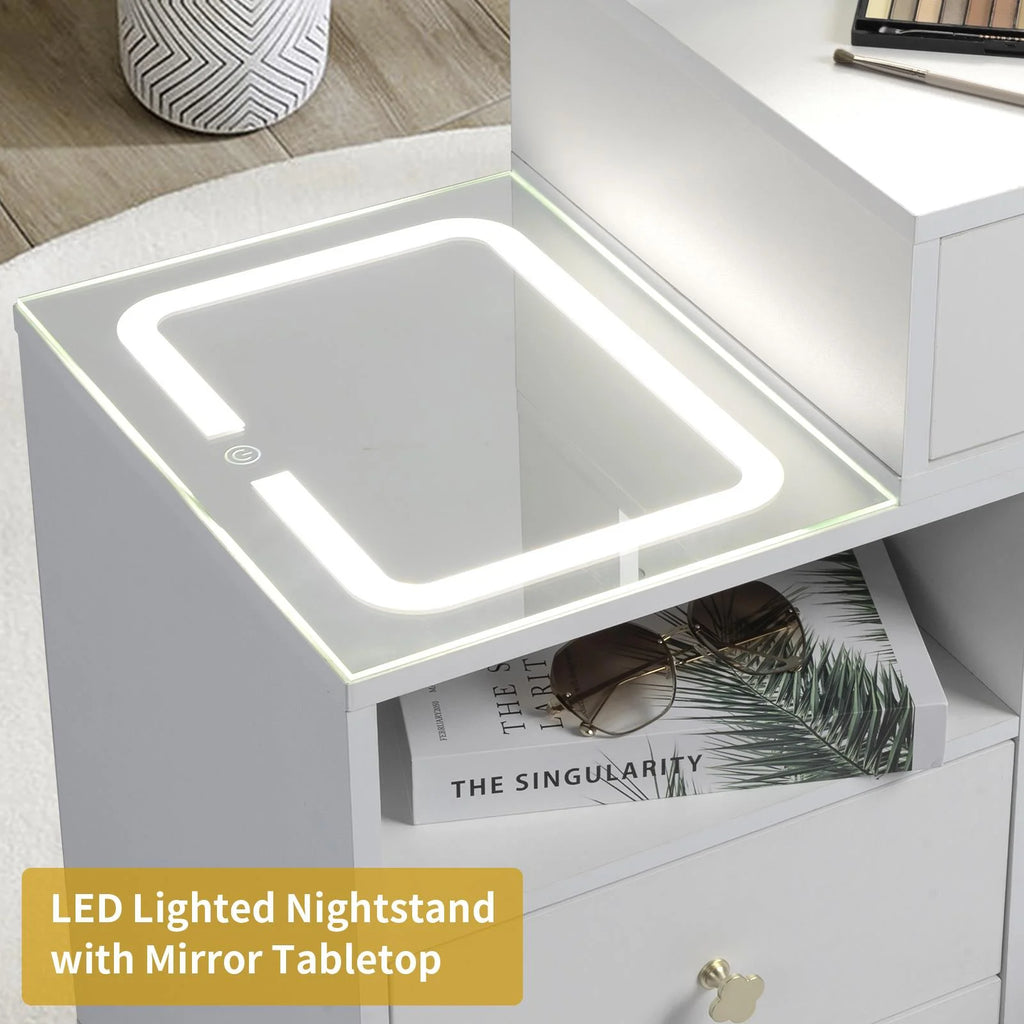 White Lighted Vanity Table Set with LED Nightstand S512