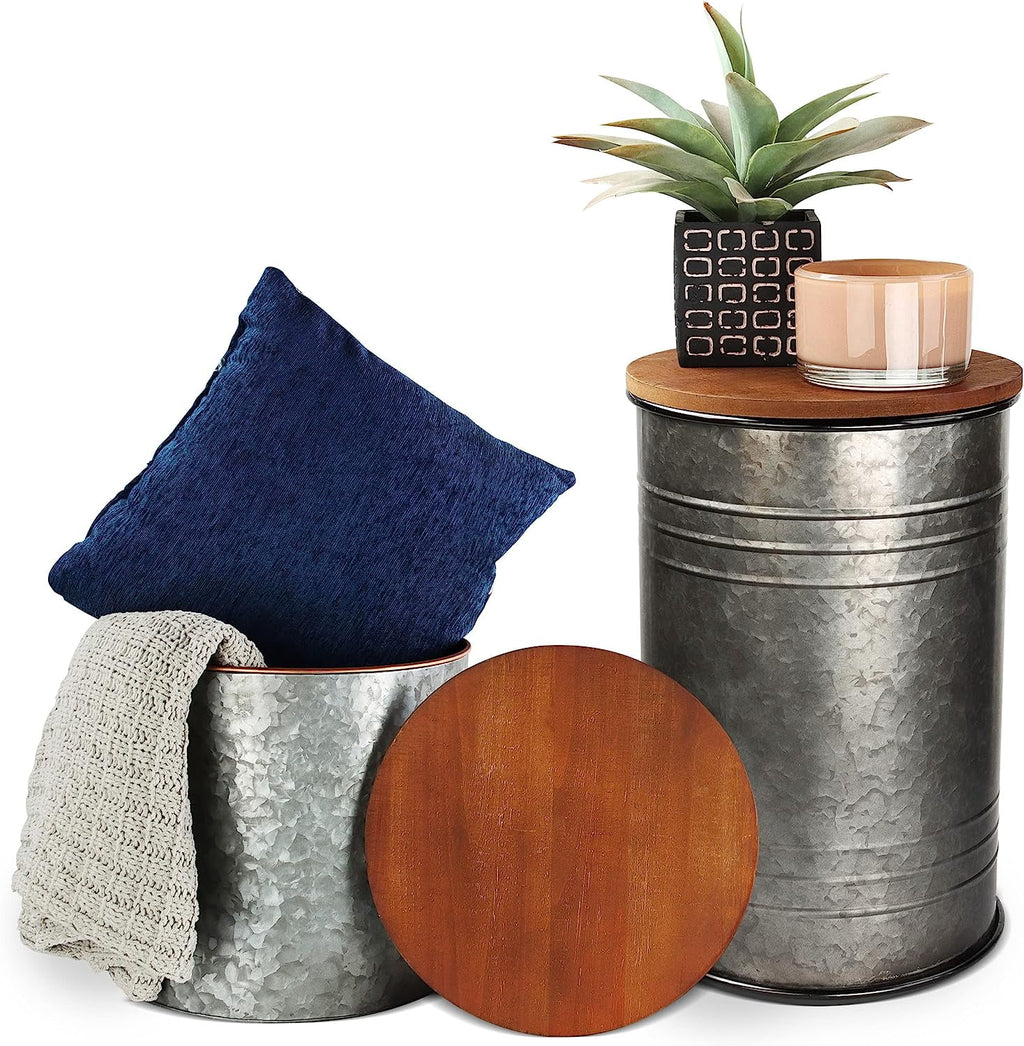 2pk Galvanized Metal Barrel Side Table Ottoman Set O811362