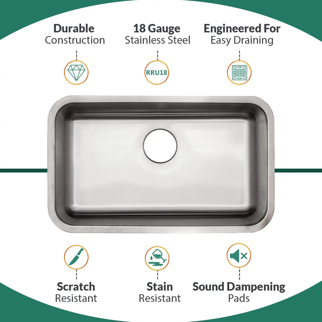 29 Inch Undermount Single Bowl 18 Gauge Kitchen Sink R136085