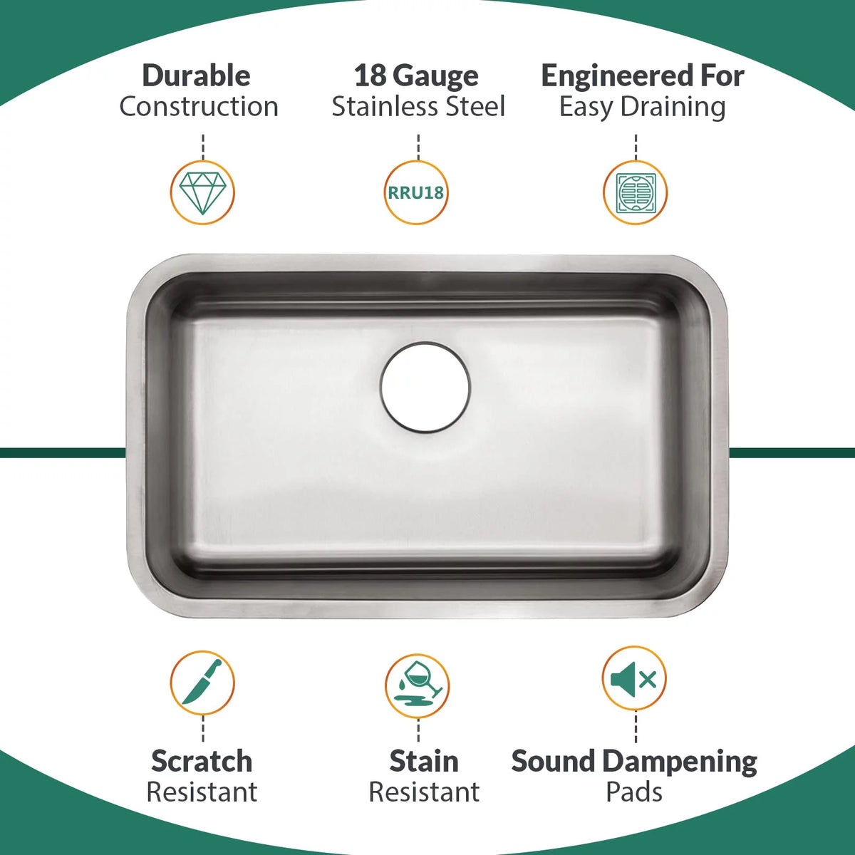 29 Inch Undermount Single Bowl 18 Gauge Kitchen Sink R136085