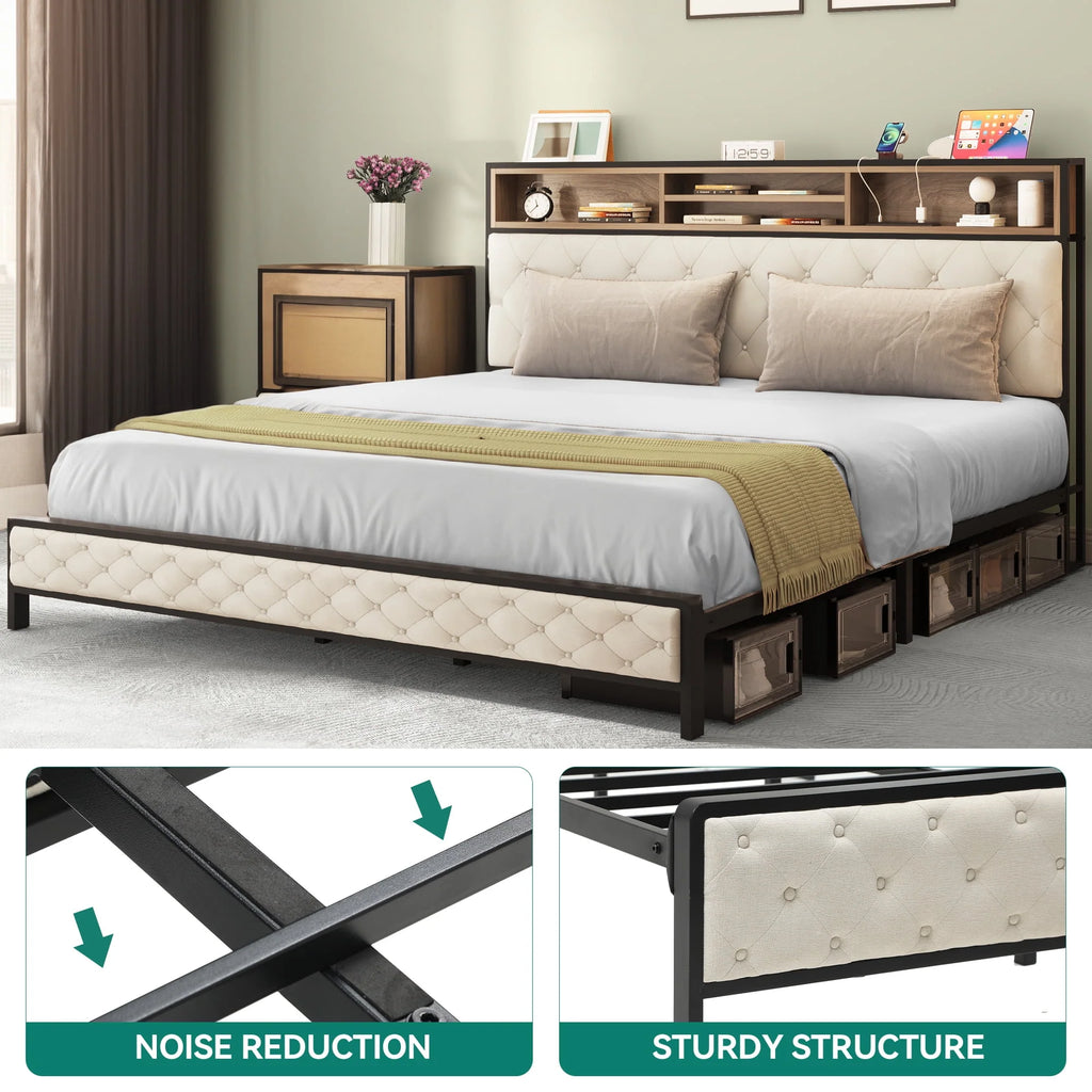 Queen Size Beige Bed Frame with Charging Station and Storage Headboard W19513