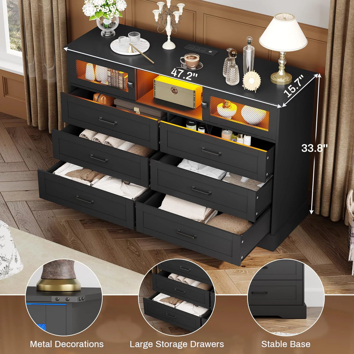 Black 6 Drawer Wood Dresser with 2 Sliding Doors N89079