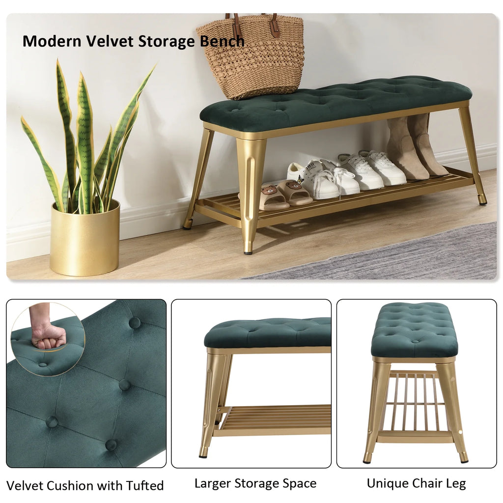Shoe Storage Bench with Velvet Seat and Gold Legs P12579