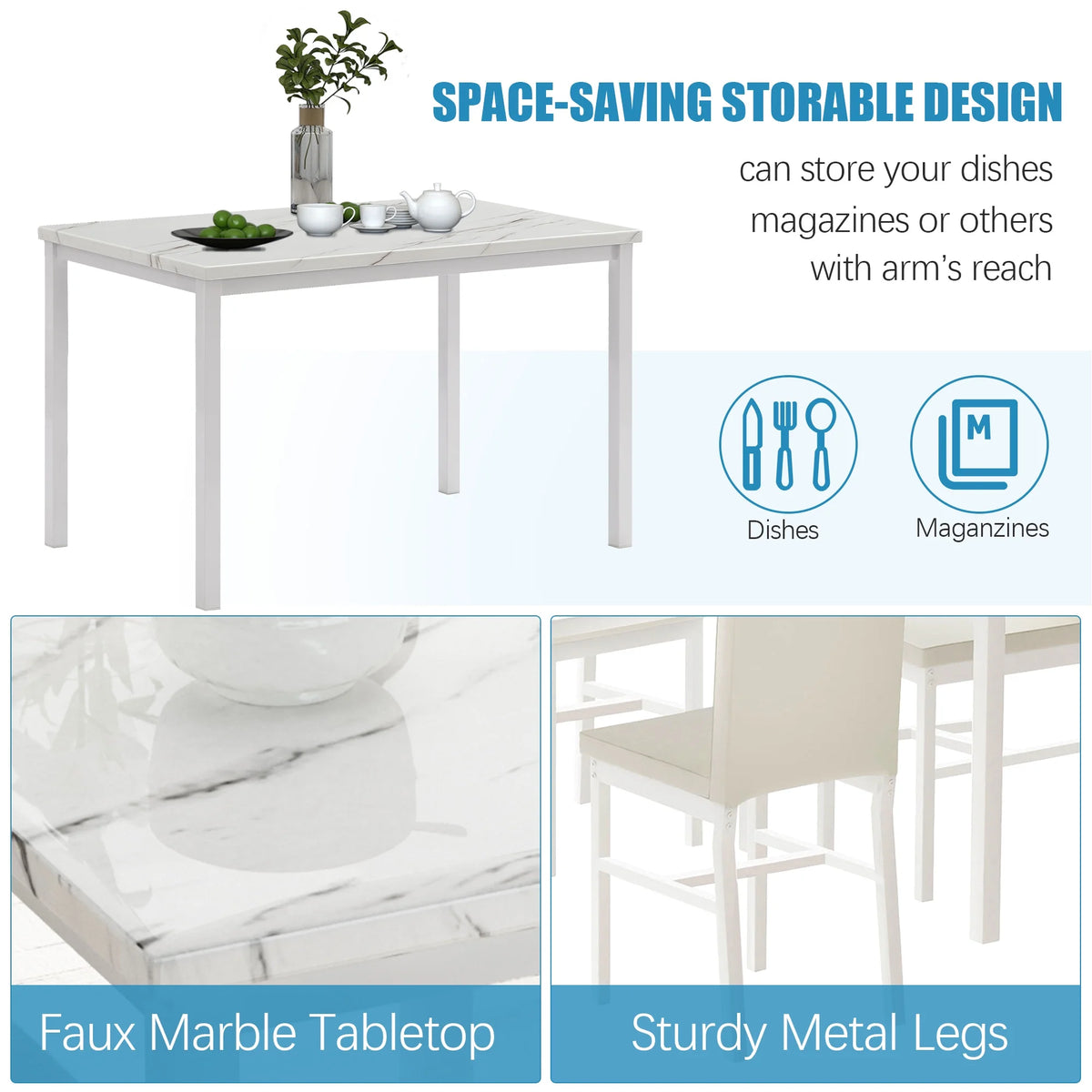 5 Piece Faux Marble Dining Set with 4 PU Leather Chairs M3553