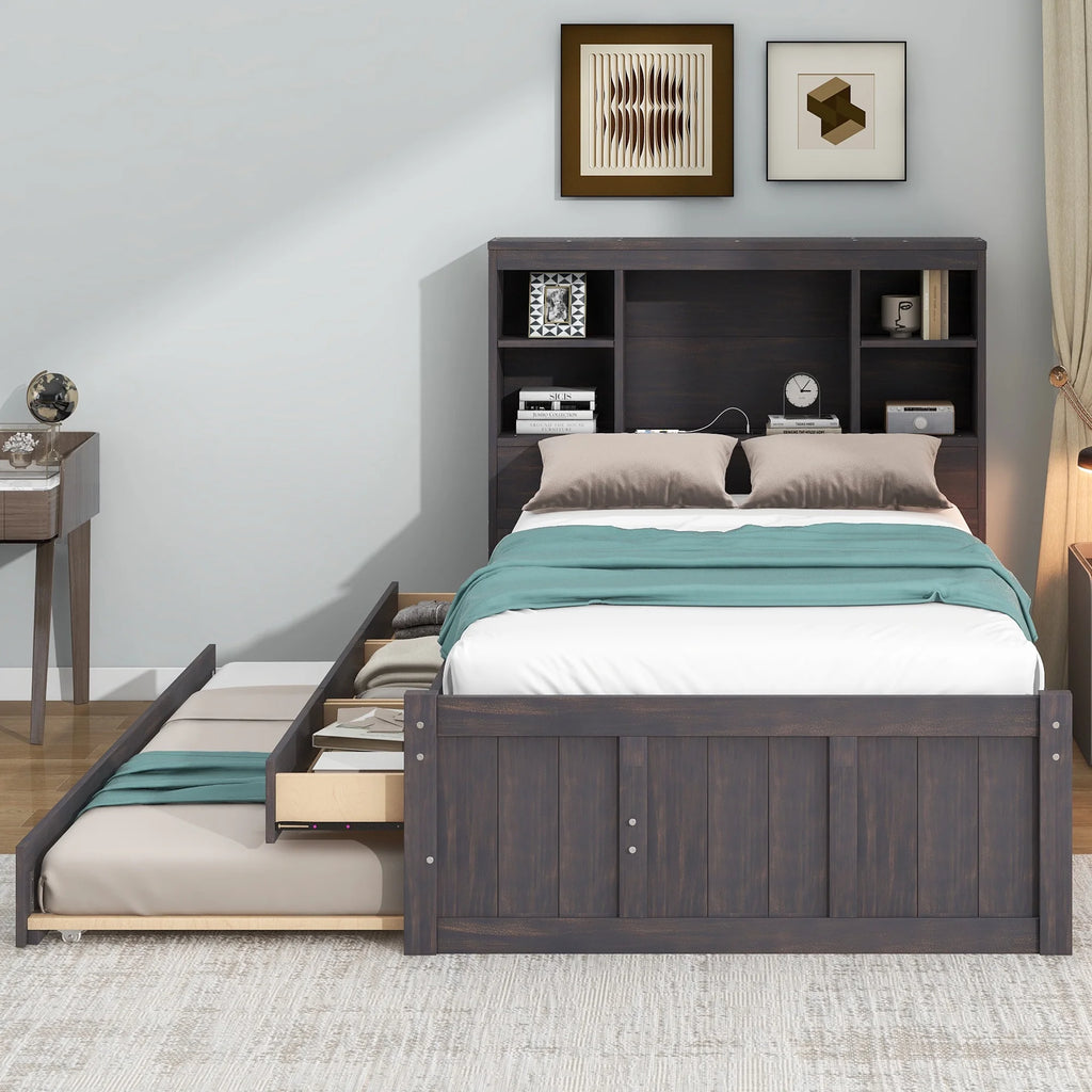 Twin Size Wood Platform Bed with Storage Headboard and Trundle R4869