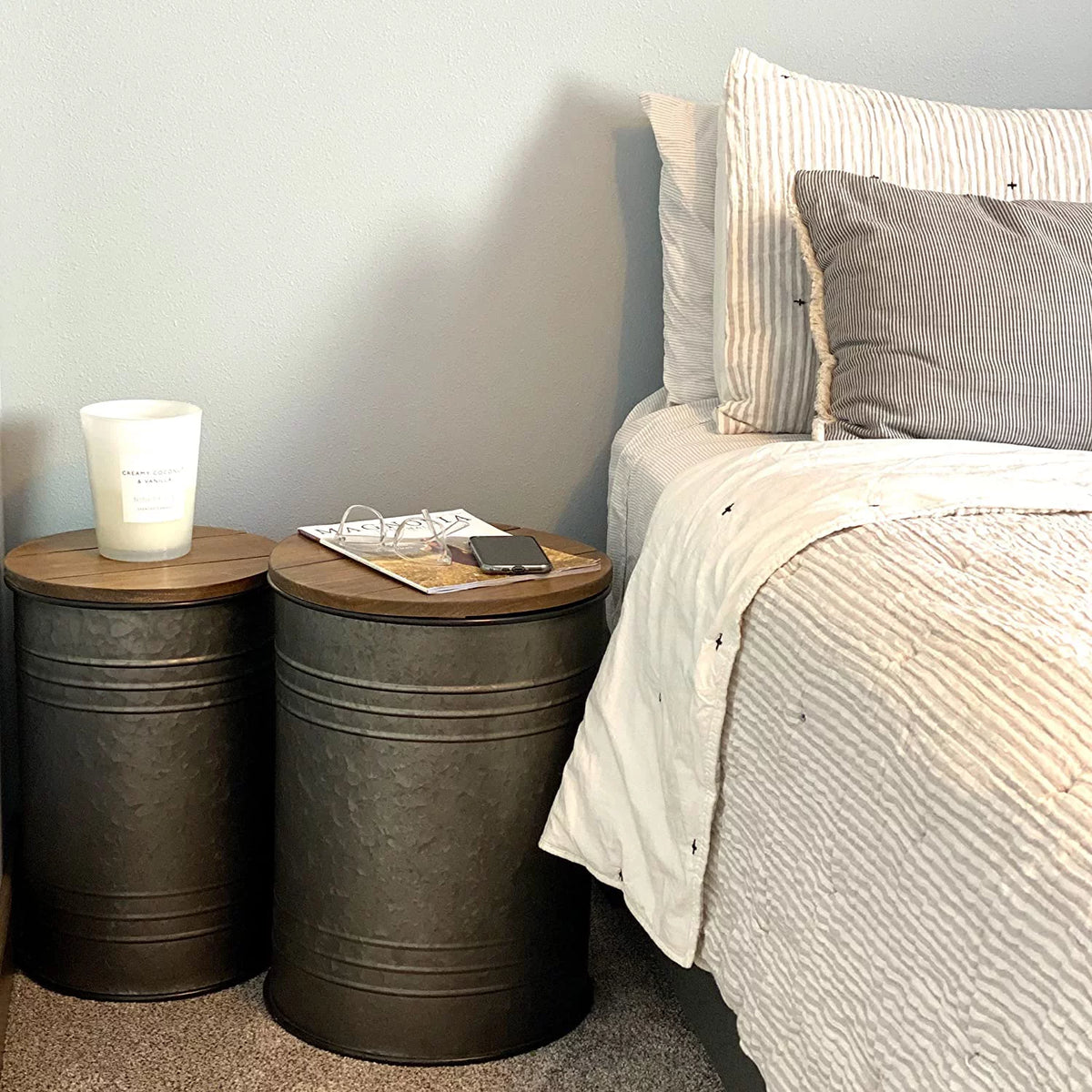 2pk Galvanized Metal Barrel Side Table Ottoman Set O811362