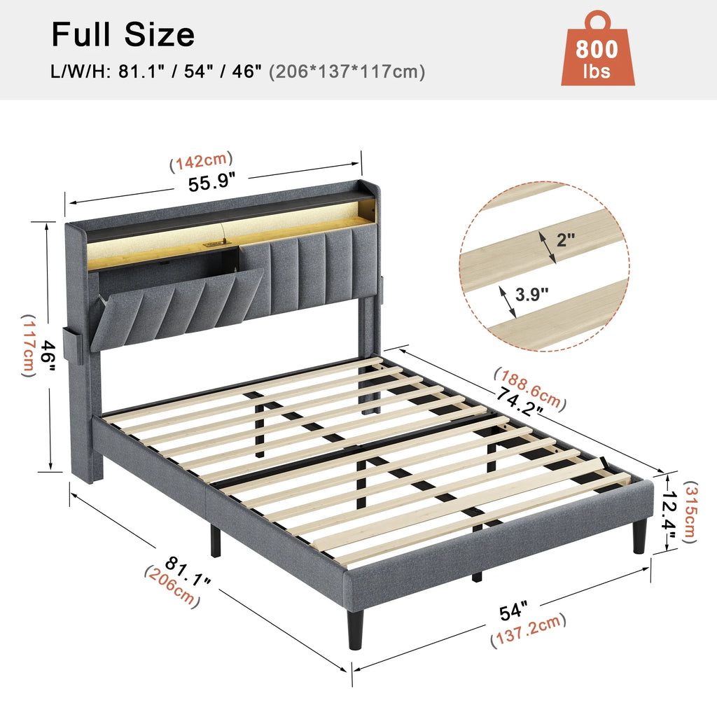 Queen Upholstered Platform Bed Frame with Storage Headboard Y9048