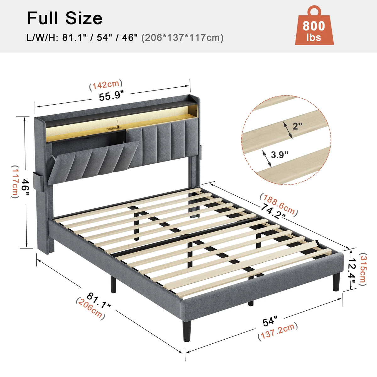 Queen Upholstered Platform Bed Frame with Storage Headboard Y9048
