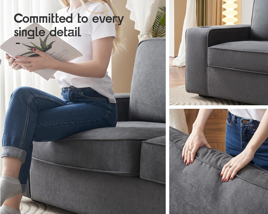 89 inch Grey Chenille Sofa with USB Charging Ports & Cup Holders Q549628