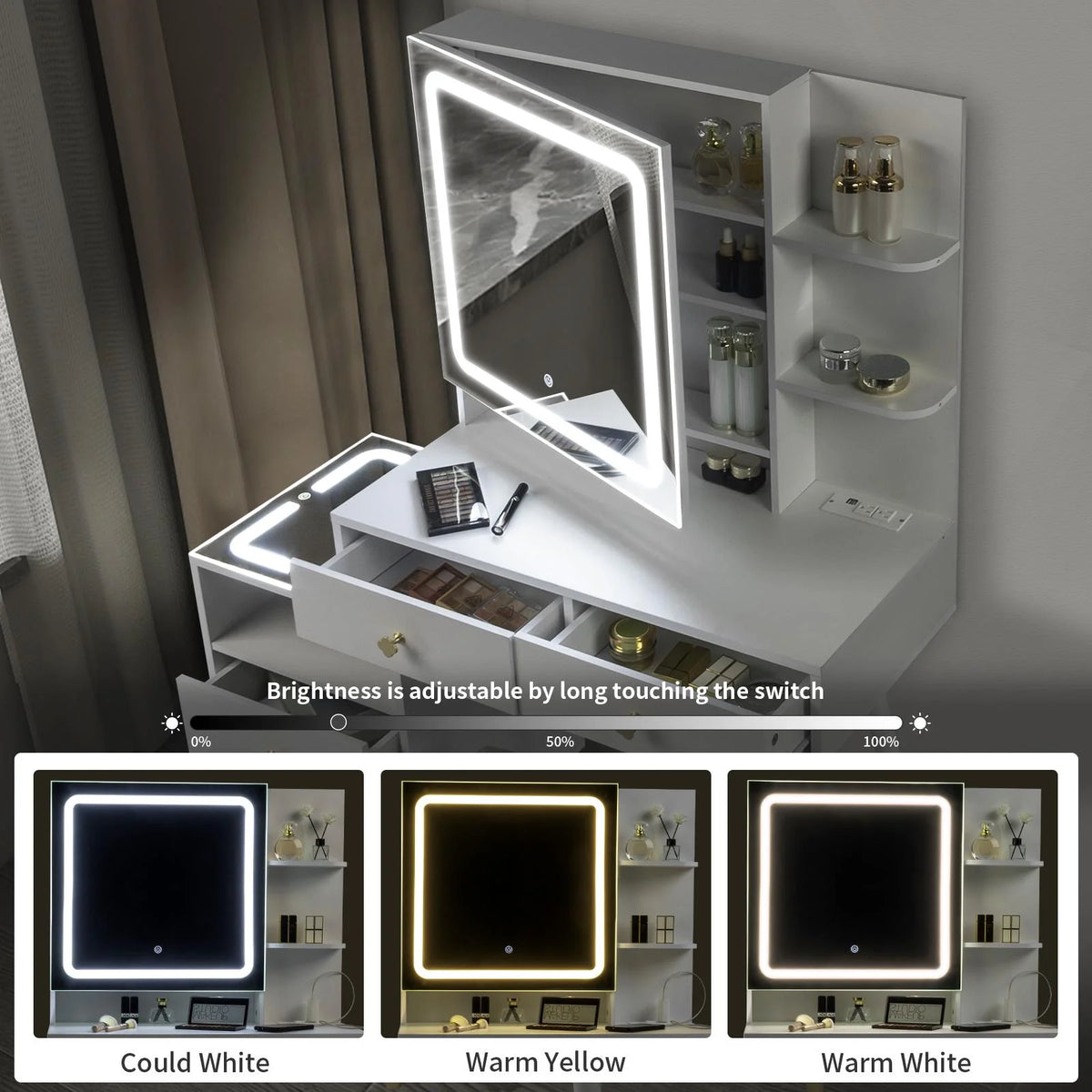 White Lighted Vanity Table Set with LED Nightstand S512