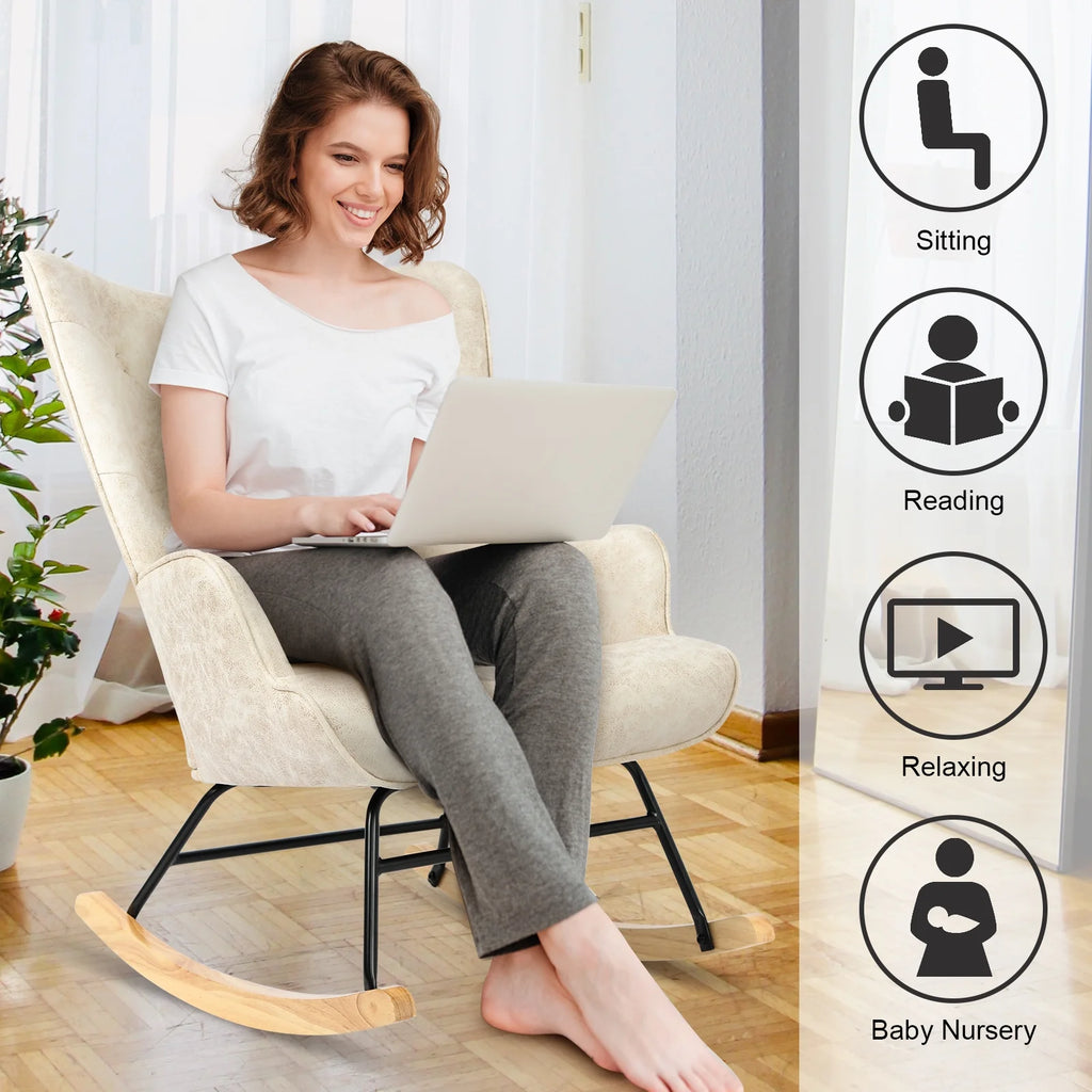 Polyester Fabric Rocking Chair with Wooden Base and Armrests White P350373