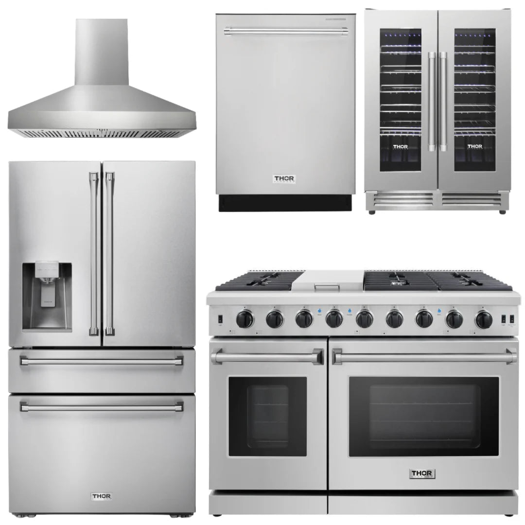48 In. Propane Gas Range, Range Hood, Refrigerator with Water and Ice Dispenser, Dishwasher, Wine Cooler D3524