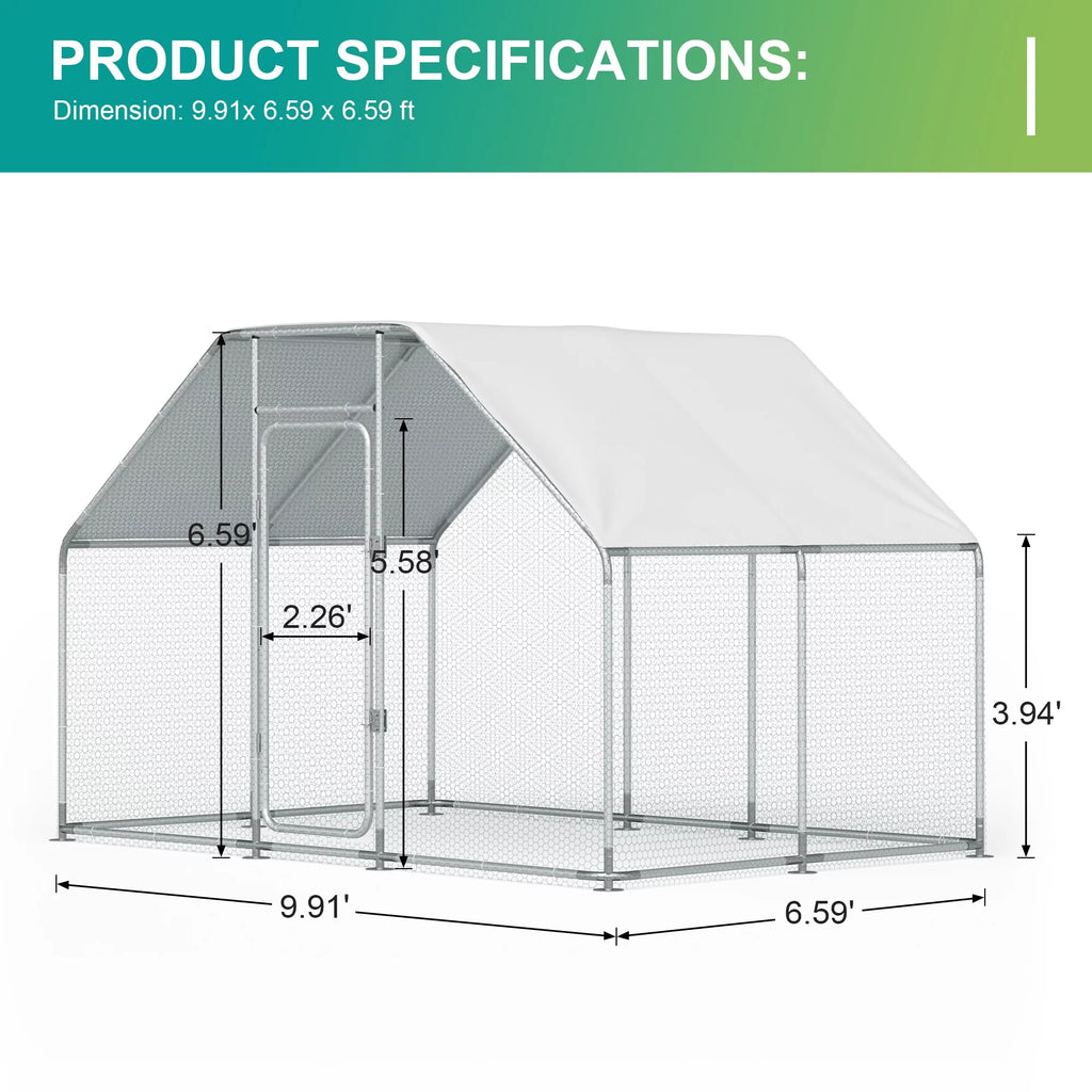 Large Metal Chicken Coop 10x 6.6x6.6FT Heavy Duty Outdoor Poultry Cage with Cover Y4505