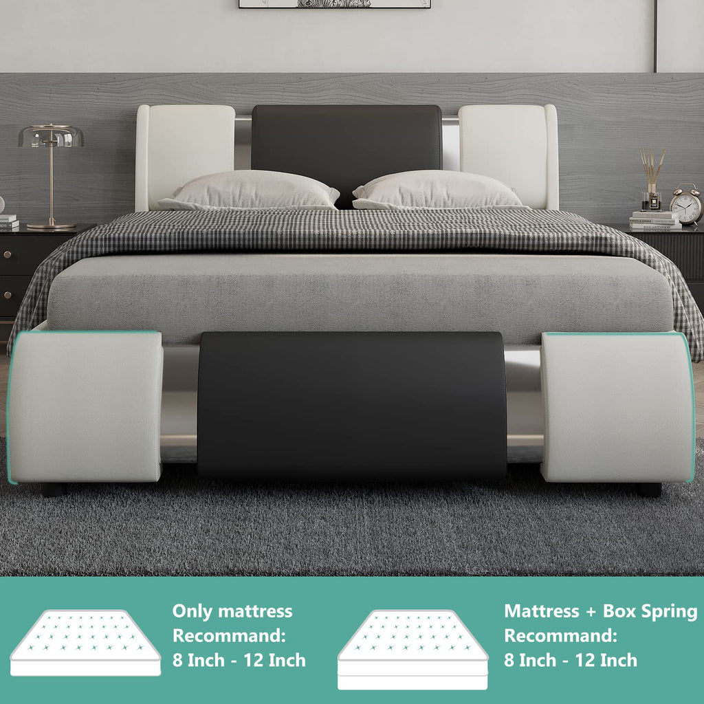 Queen Size Faux Leather Upholstered Platform Bed Frame with LED Light Headboard X503274