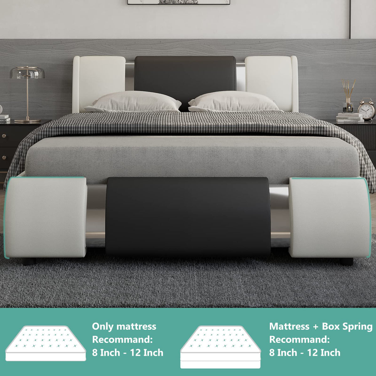 Queen Size Faux Leather Upholstered Platform Bed Frame with LED Light Headboard X503274