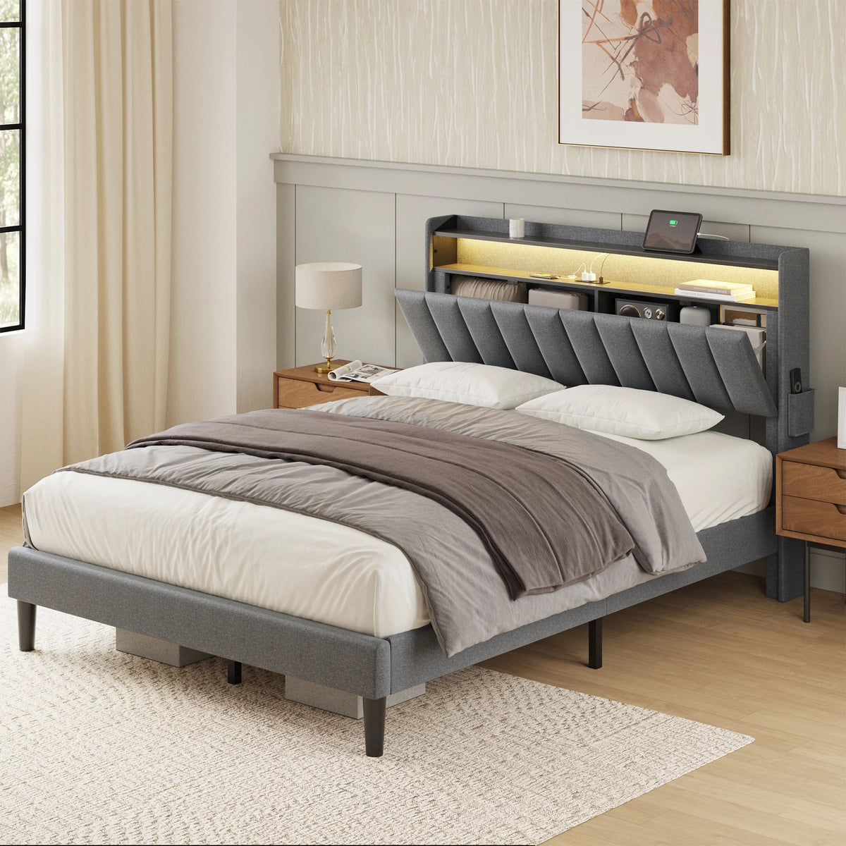Queen Upholstered Platform Bed Frame with Storage Headboard Y9048