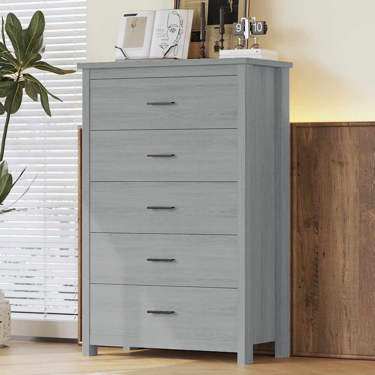 Light Gray 5 Drawer Wooden Dresser B3877