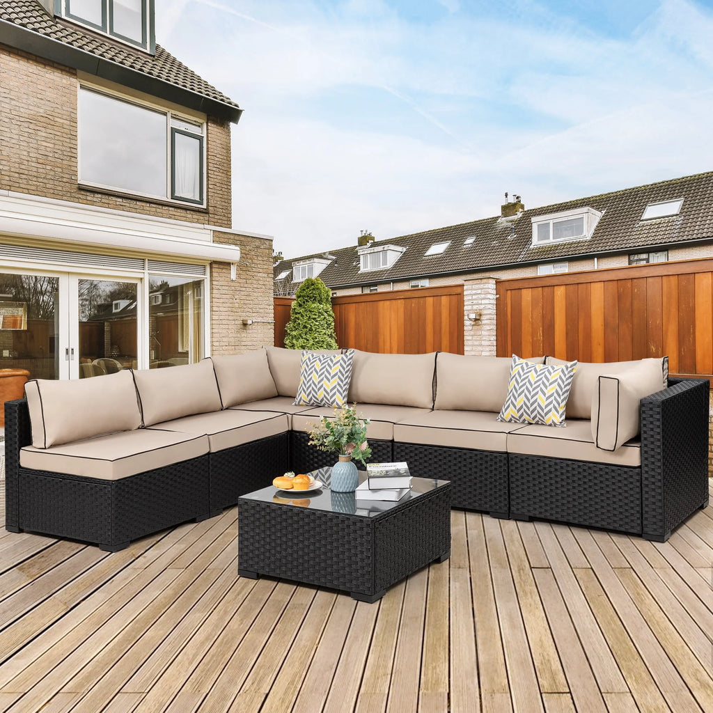 7 Pieces All-Weather Rattan Sectional Sofa with Tea Table E41427