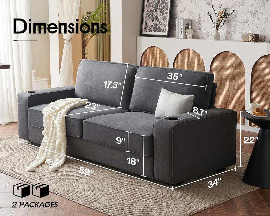 89 inch Grey Chenille Sofa with USB Charging Ports & Cup Holders Q549628
