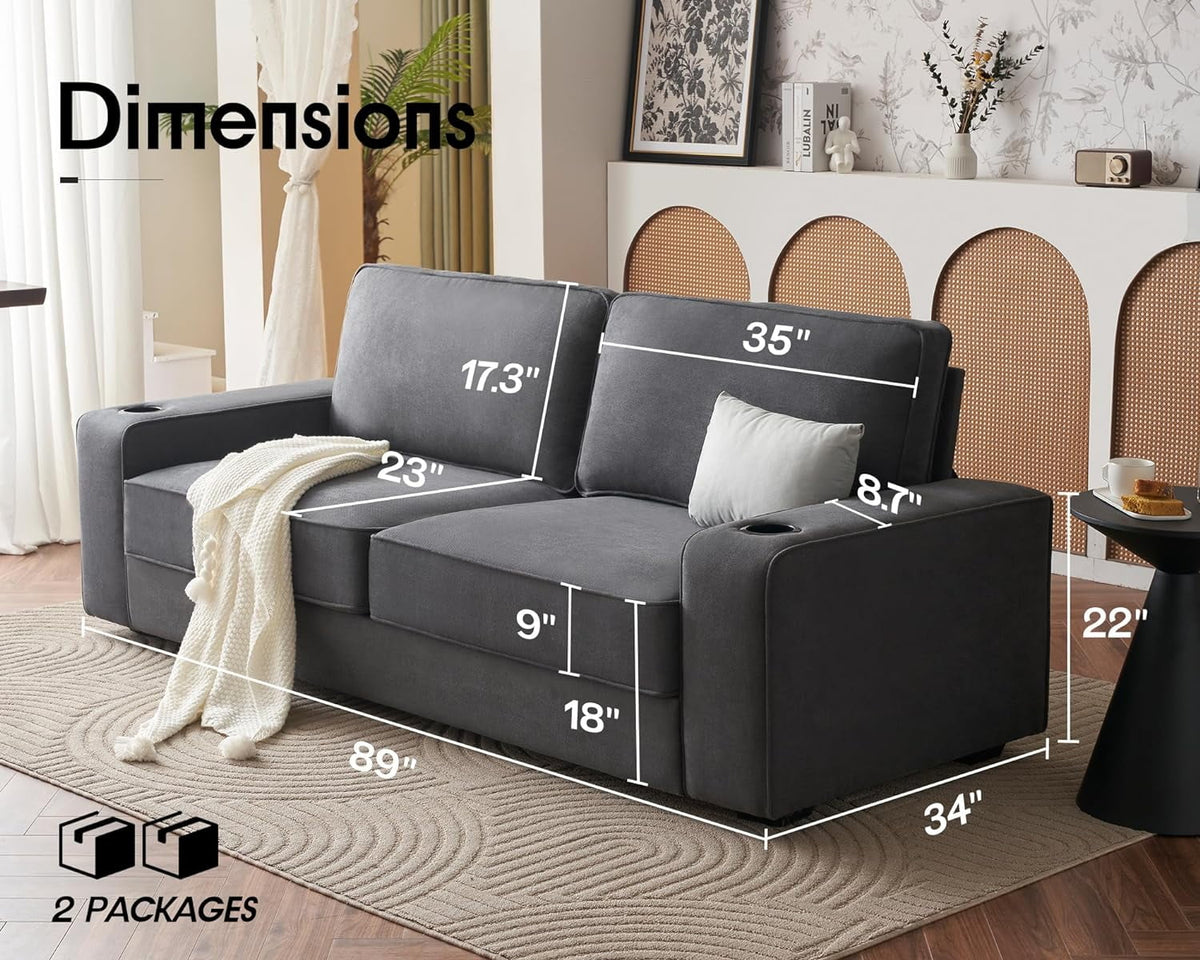89 inch Grey Chenille Sofa with USB Charging Ports & Cup Holders Q549628