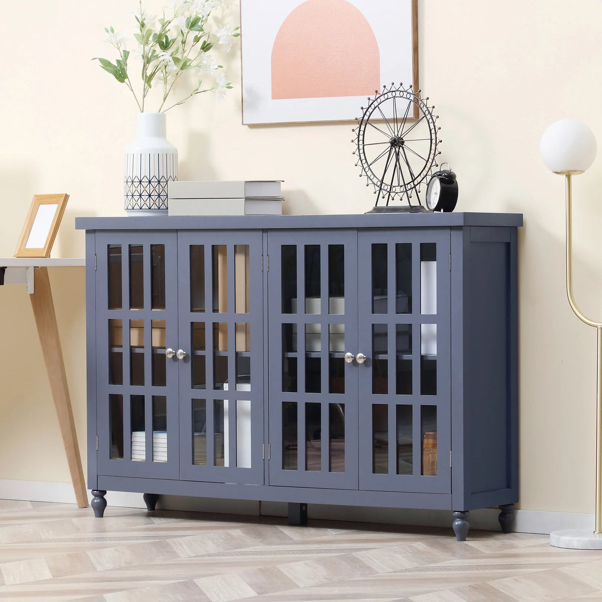 Gray Sideboard Buffet Cabinet with 4 Glass Doors Z3662