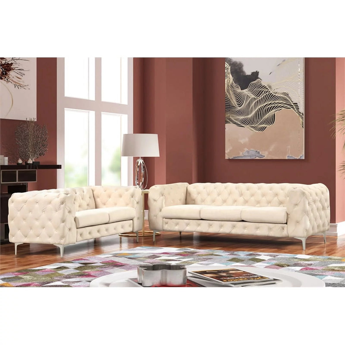 2-Piece Button Tufted Velvet Sofa Set Beige H7664