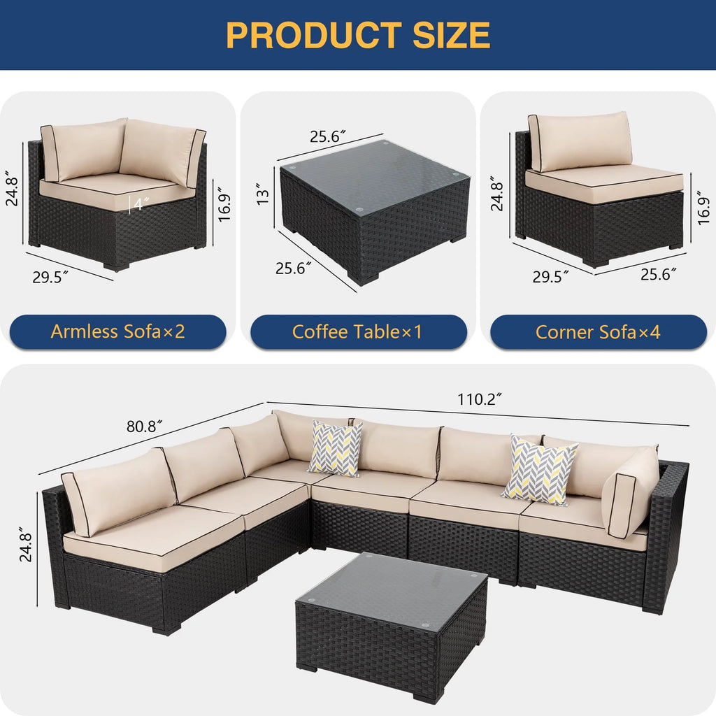 7 Pieces All-Weather Rattan Sectional Sofa with Tea Table E41427