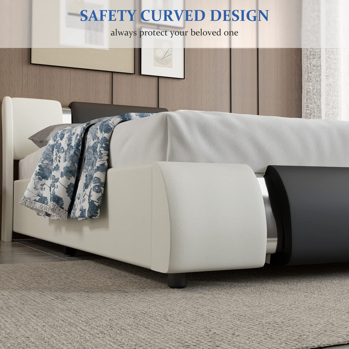 Queen Size Faux Leather Upholstered Platform Bed Frame with LED Light Headboard X503274