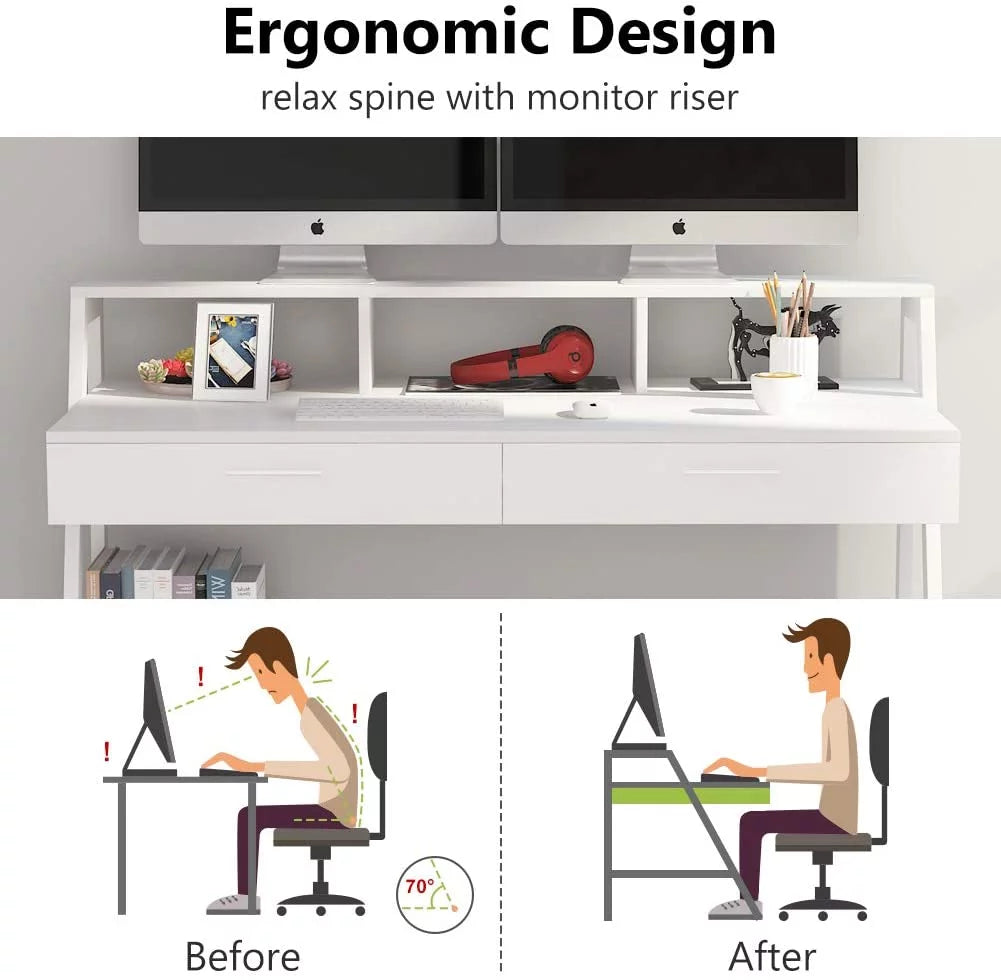 White Computer Desk with 2 Drawers and Storage Shelf J907