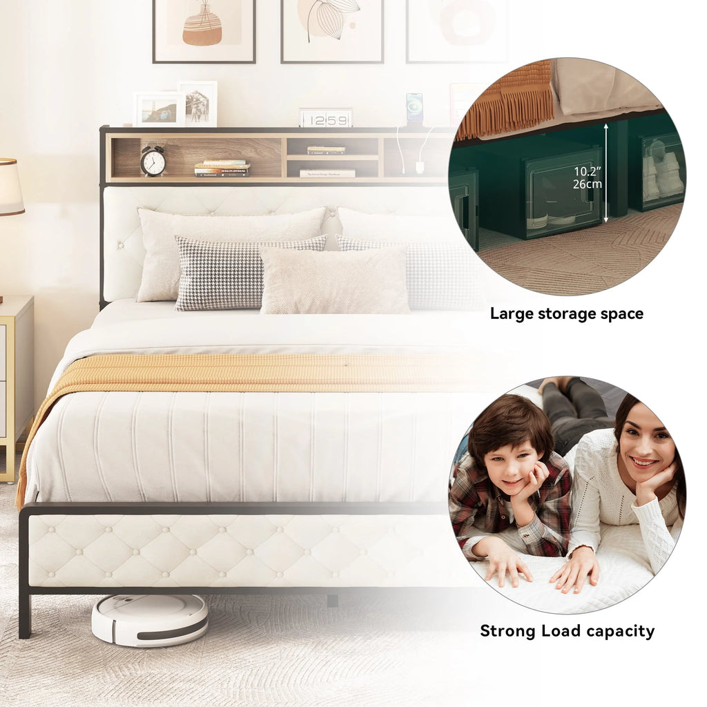 Queen Size Beige Bed Frame with Charging Station and Storage Headboard W19513