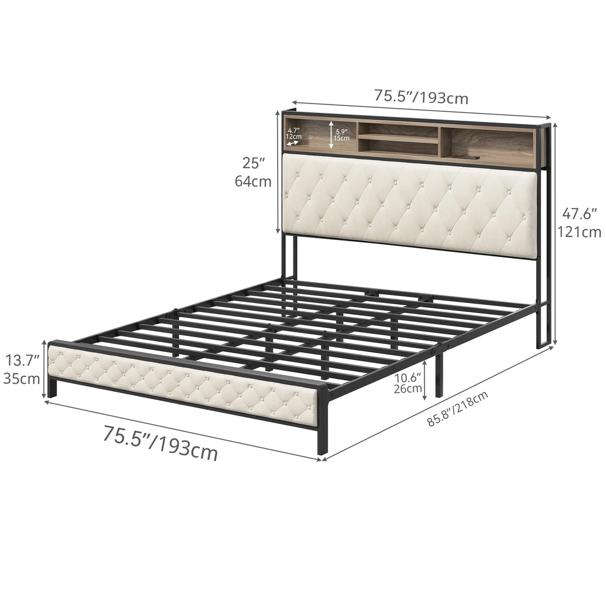 Queen Size Beige Bed Frame with Charging Station and Storage Headboard W19513