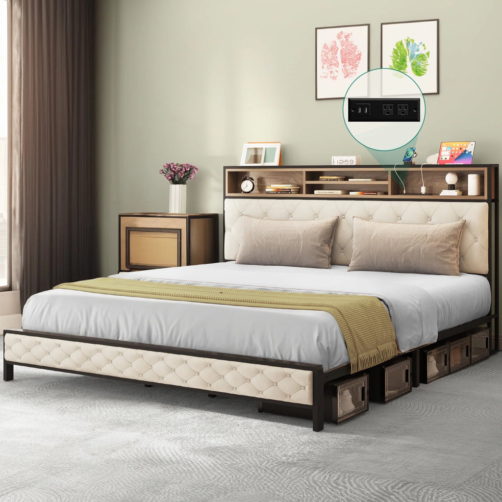 Queen Size Beige Bed Frame with Charging Station and Storage Headboard W19513