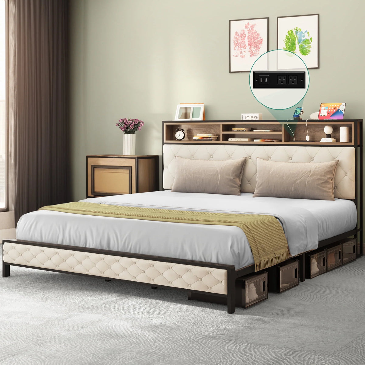 Queen Size Beige Bed Frame with Charging Station and Storage Headboard W19513