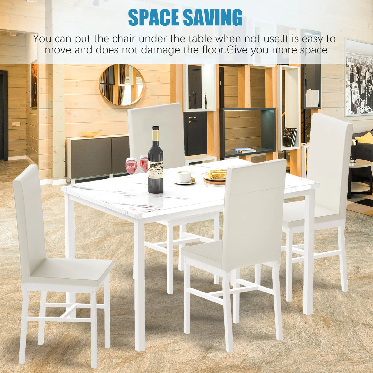 5 Piece Faux Marble Dining Set with 4 PU Leather Chairs M3553