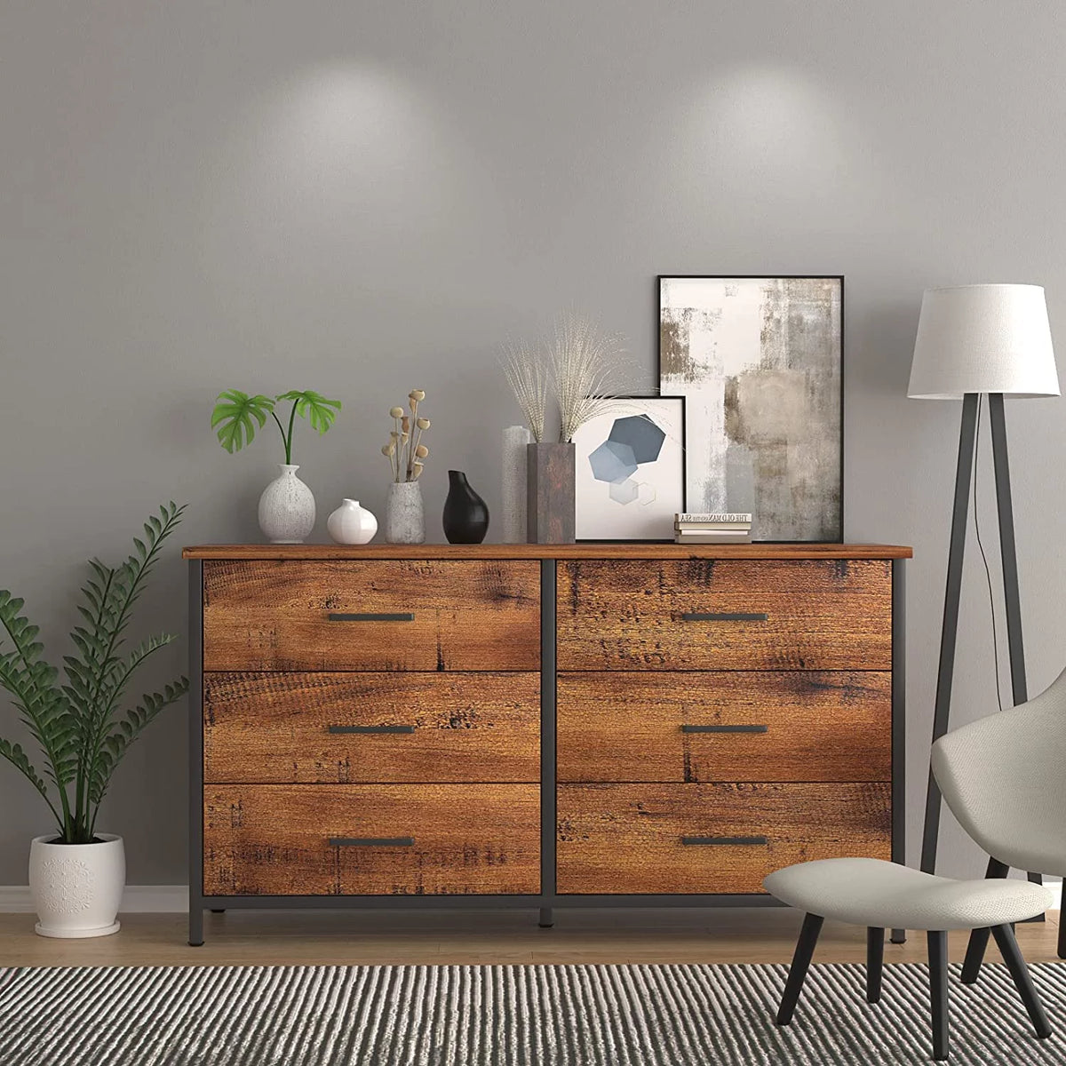 6 Drawer Double Dresser Industrial Wood Storage Dresser V8354